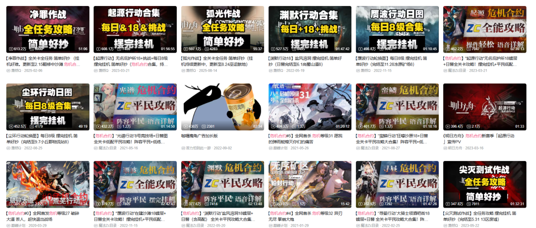 多个游戏攻略视频封面的网格排列，主题多为危机合约