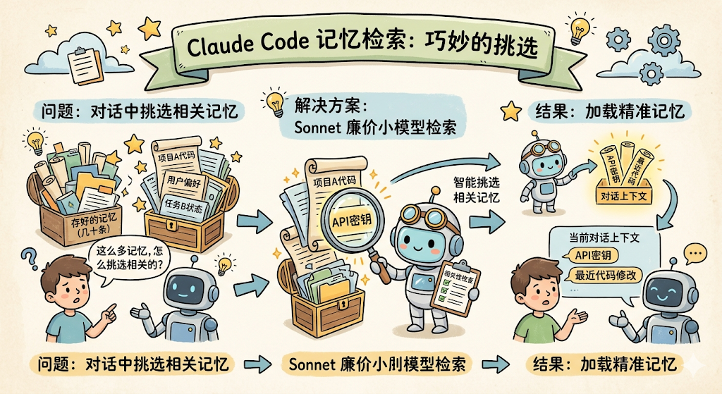 一幅关于Claude Code记忆检索:巧妙的挑选的卡通风格流程图,主题为Claude Code记忆检索:巧妙的挑选。画面顶部有绿色横幅标题,周围点缀星星、云朵、灯泡和齿轮等图标。左侧展示问题:对话中挑选相关记忆,配有两个装满文件的木箱,分别标注‘存好的记忆(几十条)’和‘项目A代码、用户偏好、任务B状态’,下方男孩提问‘这么多记忆,怎么挑选相关的?’,机器人回应。中间部分为解决方案:Sonnet廉价小模型检索,一个戴护目镜的机器人手持放大镜查看标有‘项目A代码’和‘API密钥’的文件,旁边有‘智能挑选相关记忆’箭头指向右侧。右侧为结果:加载精准记忆,一个机器人指向三卷标有‘API密钥’‘项目A代码’‘用户偏好’的卷轴,下方对话框显示‘当前对话上下文’‘API密钥’‘最近代码修改’,男孩与机器人互动。