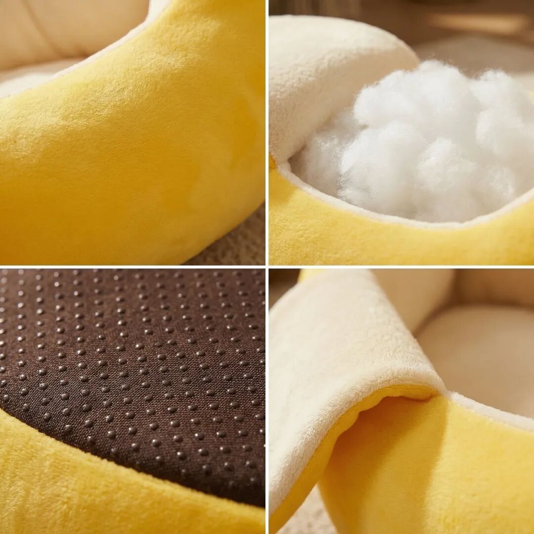 香蕉形状宠物窝的材质细节特写（外层、内衬、底部）