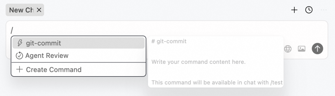 Cursor Command 列表截图：git-commit、Agent Review、Create Command