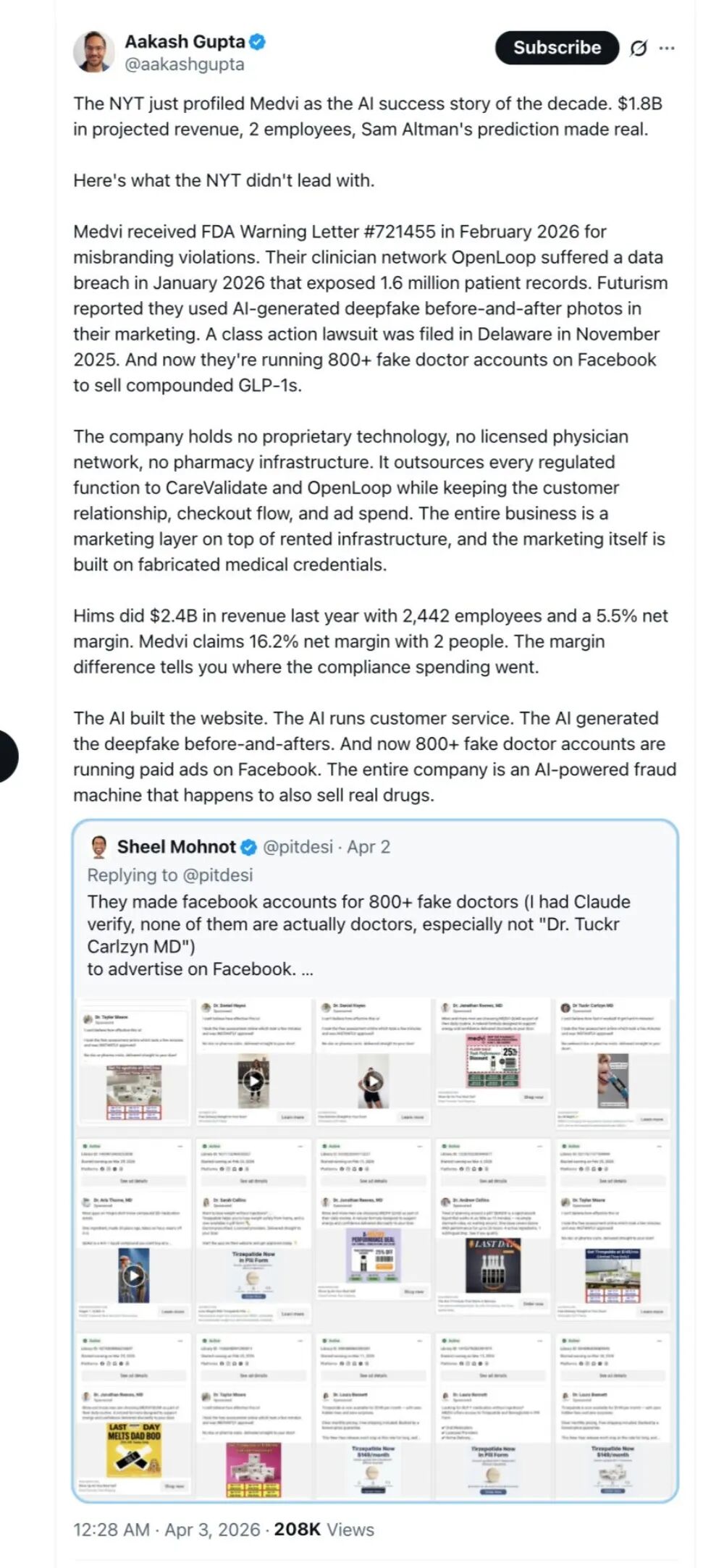 社交媒体用户曝光MEDVi运营假医生账号的推文截图