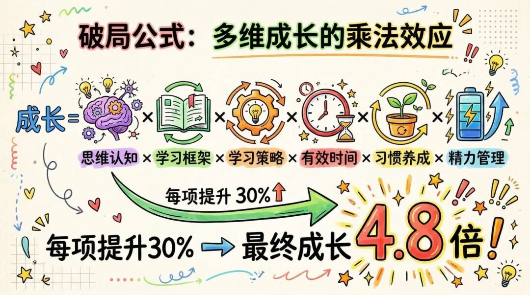 破局公式：成长等于思维认知、学习框架、学习策略、有效时间、习惯养成与精力管理的乘积