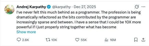 Karpathy表达职业重构焦虑的推文截图