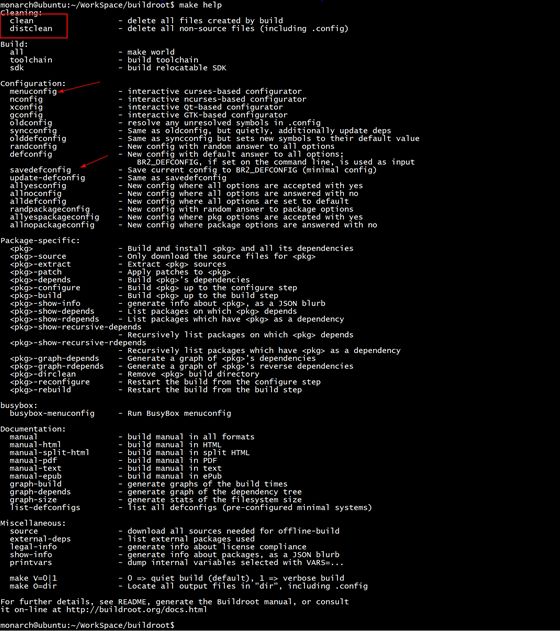 Buildroot make help 命令输出,包含 clean、menuconfig、distclean 等选项