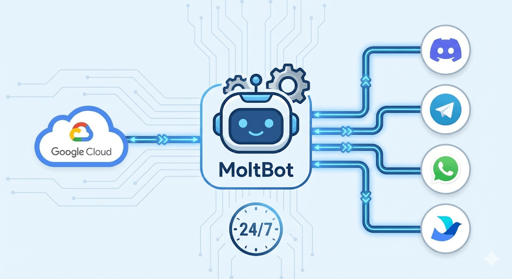 ClawdBot连接云平台与多个聊天应用的架构示意图