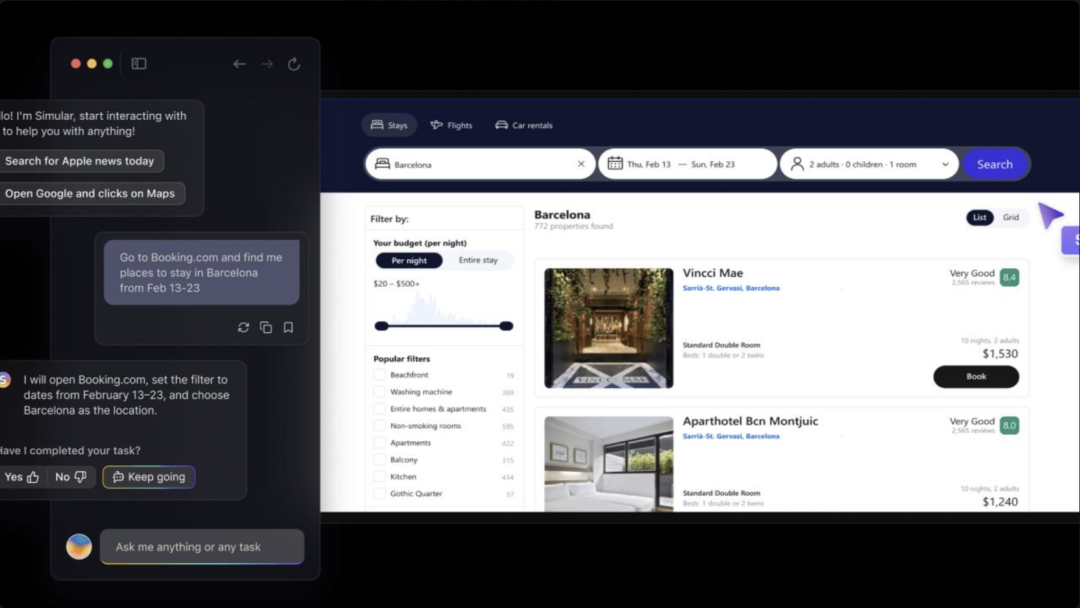 浏览器自动化界面与 Booking.com 酒店搜索结果页面