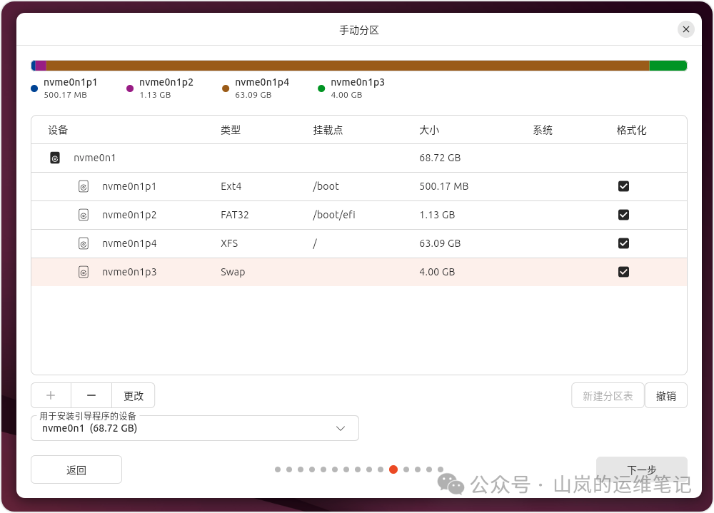 Ubuntu 安装程序的手动分区界面示例