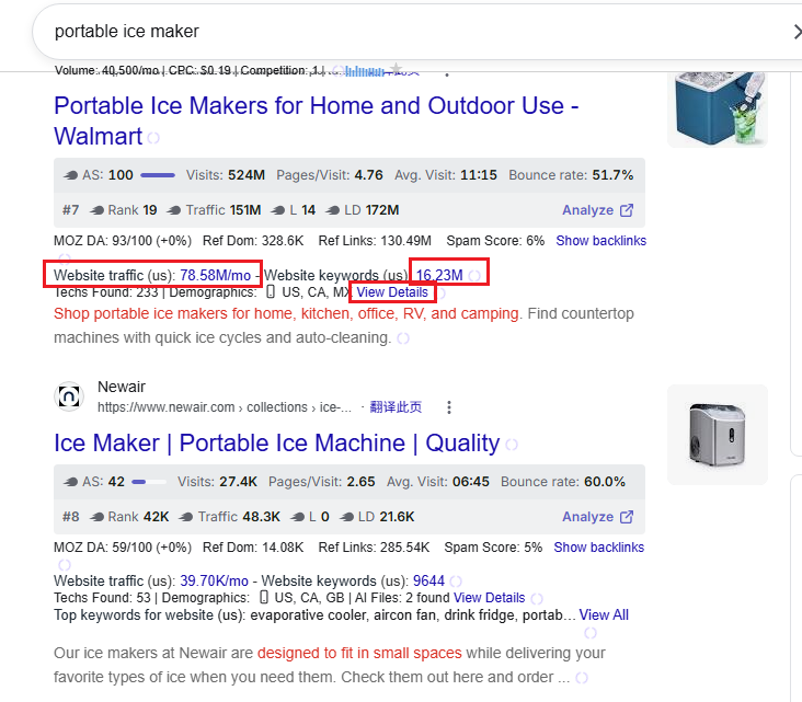 SEO搜索结果页面，显示关键词“portable ice maker”的搜索量、CPC及Walmart和Newair的流量数据与SEO指标