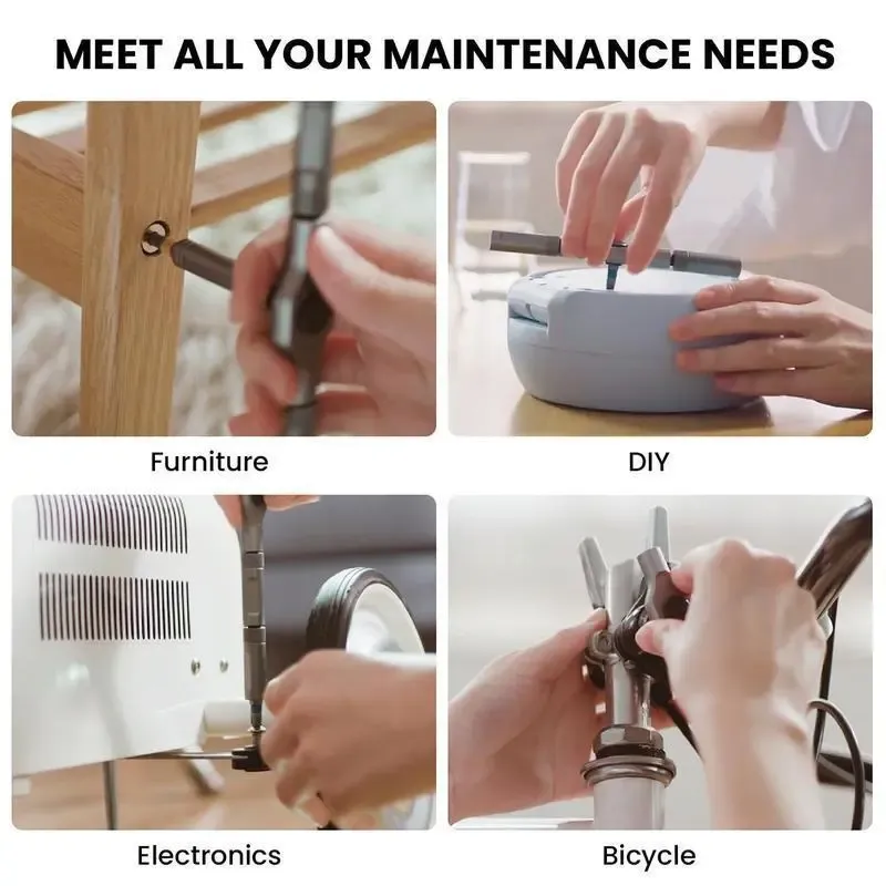 SEESE螺丝刀套装应用场景图，涵盖家具、DIY、电子设备、自行车维修