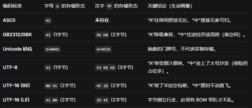 字符编码对比表:ASCII、GBK、Unicode码位与UTF存储形态