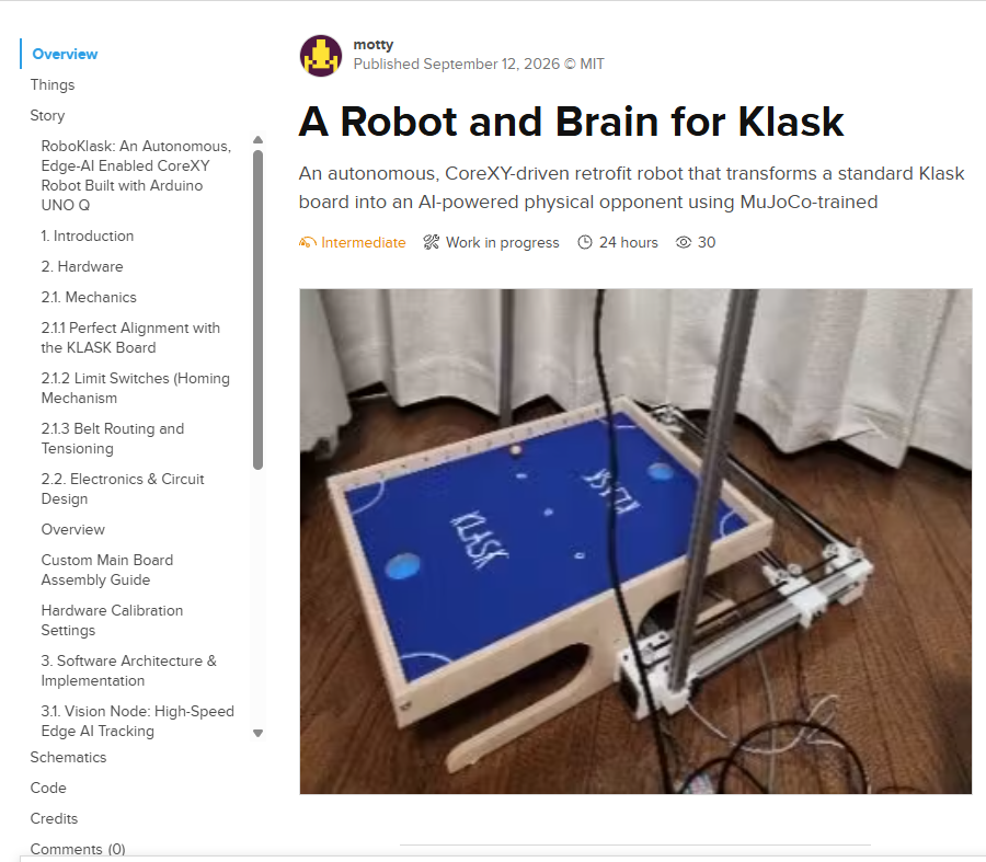 RoboKlask 项目页面与 CoreXY 机器人实物