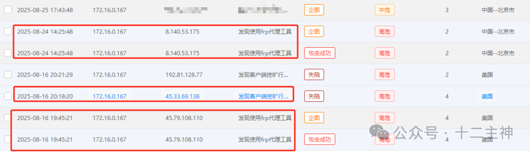 态势感知告警列表显示挖矿事件