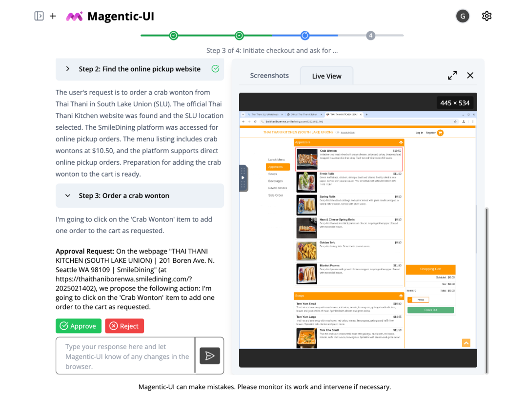Magentic-UI 动作审批界面：在执行添加菜品到购物车的关键步骤前，请求用户批准