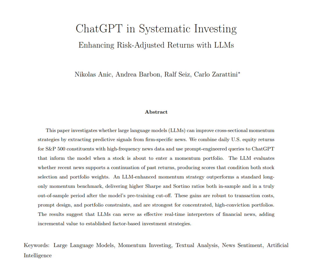 论文《ChatGPT in Systematic Investing》封面