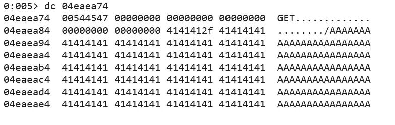 使用 dc 命令查看内存内容,可见 GET 请求和 A 的填充