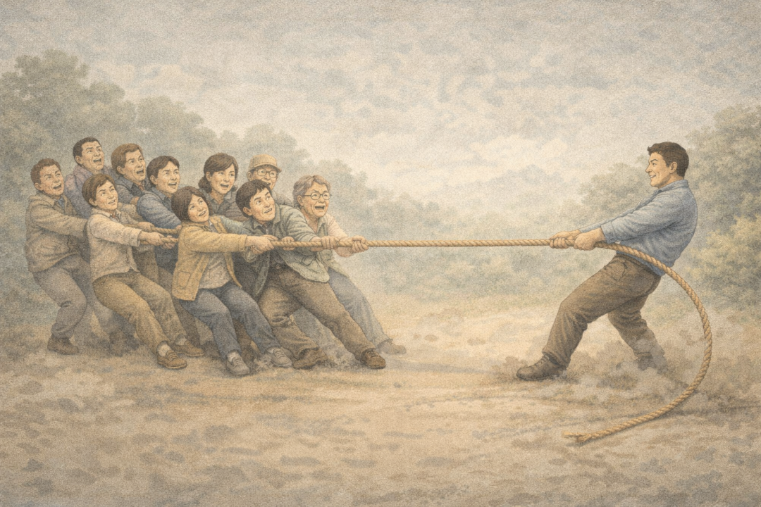 象征团队协作与竞争的拔河插画