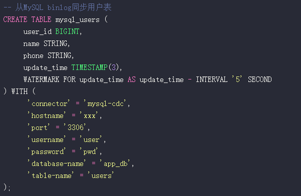 创建MySQL CDC源的SQL代码