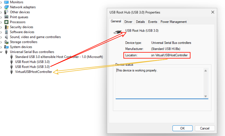 设备管理器中虚拟USB主机控制器下的USB根集线器属性