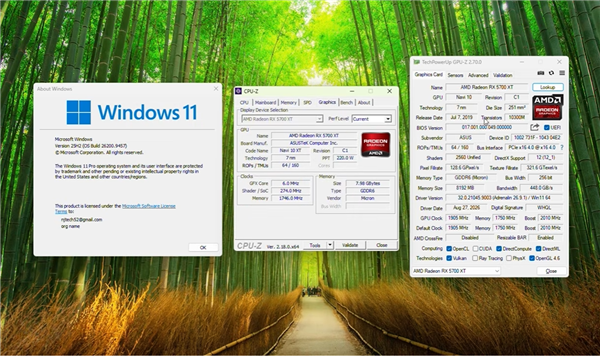 RX 5700 XT在Windows 11下的GPU-Z与CPU-Z系统信息