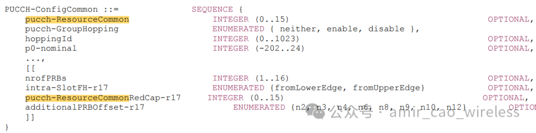 PUCCH-ConfigCommon协议定义（含RedCap字段）