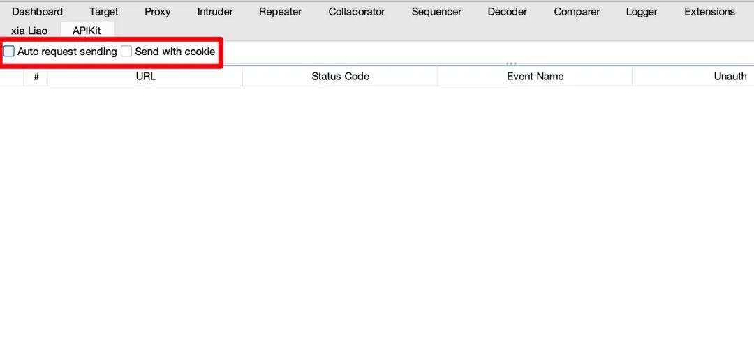 APIKit插件主界面，显示Auto request sending和Send with cookie选项