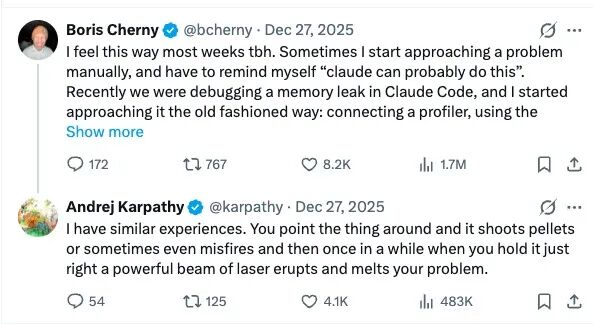 Boris Cherny与Karpathy讨论AI编程习惯的推文截图