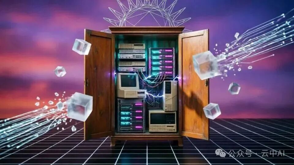 象征性插图：衣柜中的服务器与怀旧科技感