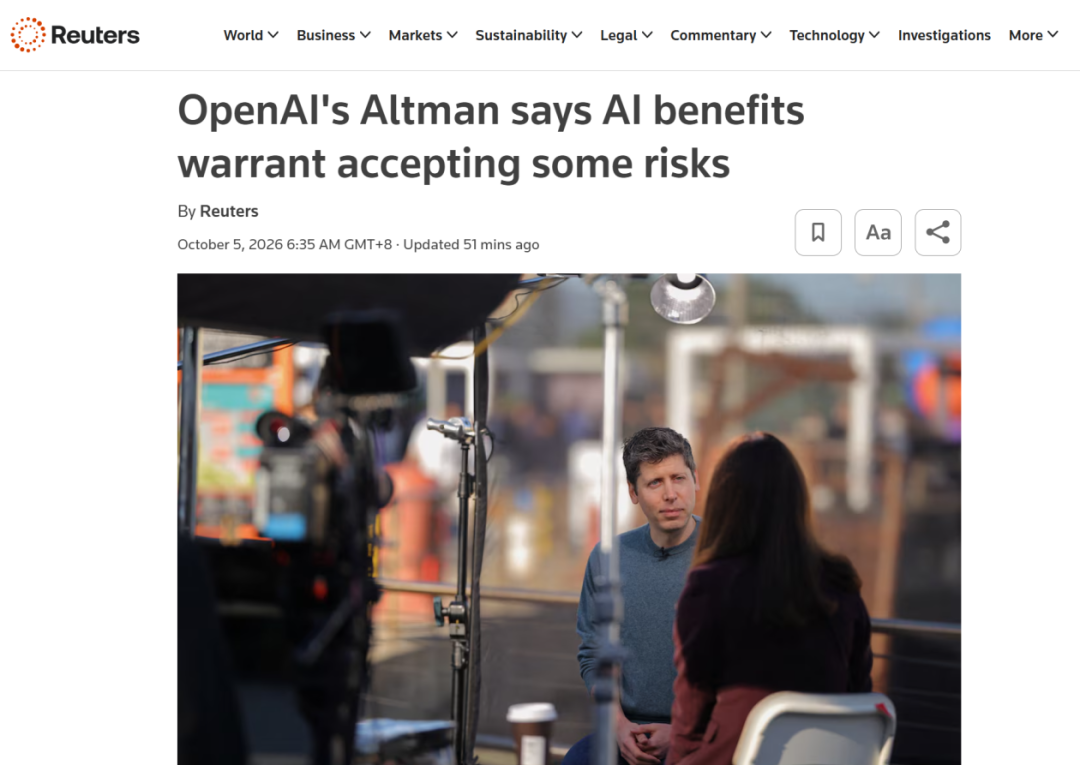 路透社报道截图:OpenAI CEO山姆·奥特曼接受采访谈AI监管
