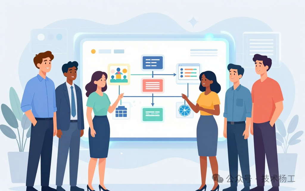 插画风格的团队协作场景:六人团队围绕显示流程图的大屏幕进行讨论