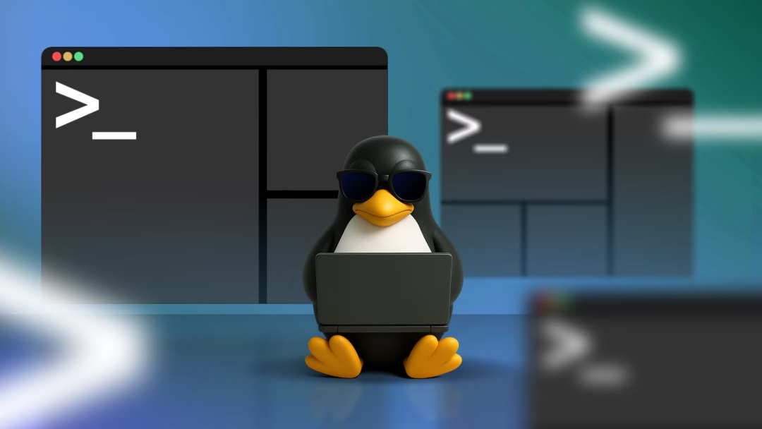 一只戴着黑色墨镜的 Linux 企鹅 Tux 正操作黑色笔记本电脑,背景是蓝绿色科技感终端界面