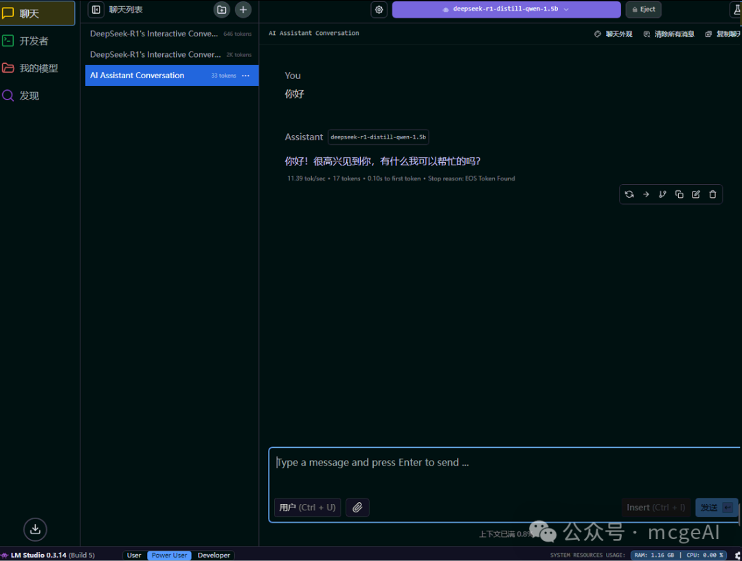 LM Studio 使用 DeepSeek R1 1.5B 模型对话