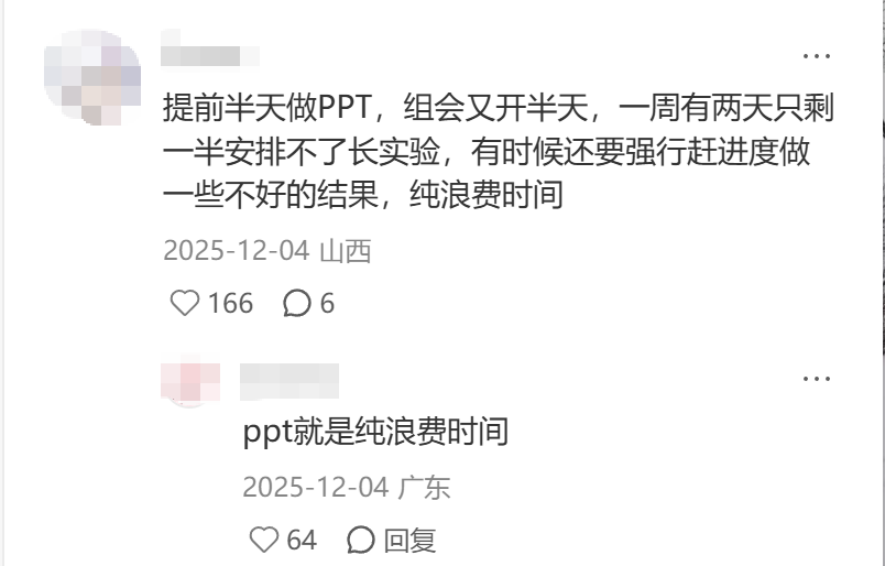 社交媒体评论截图,学生抱怨准备PPT和开组会占用大量时间,导致无法安排长实验,是纯浪费时间