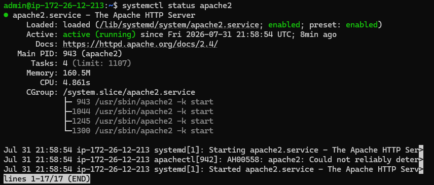systemctl status apache2 输出,Apache 服务运行状态