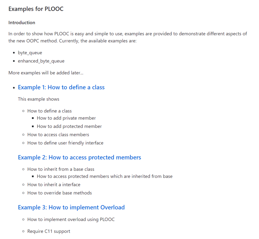 PLOOC使用示例文档截图，展示了三个核心示例