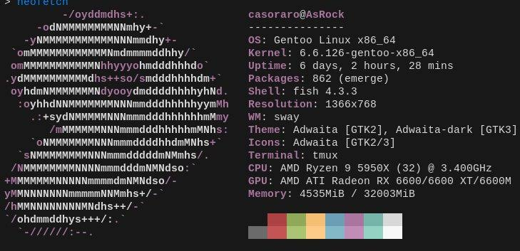 Neofetch 终端截图:Gentoo Linux 系统信息,展示 AMD Ryzen 9 5950X 与 sway 桌面环境