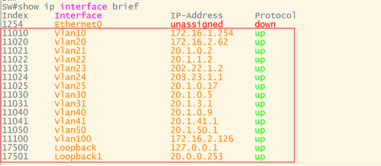 交换机show ip interface brief输出,显示各VLAN接口IP地址及状态