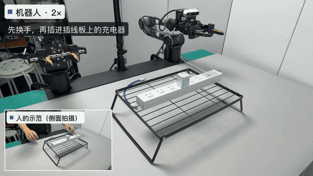 插线演示:机器人沿用人的示范换手并插入充电器
