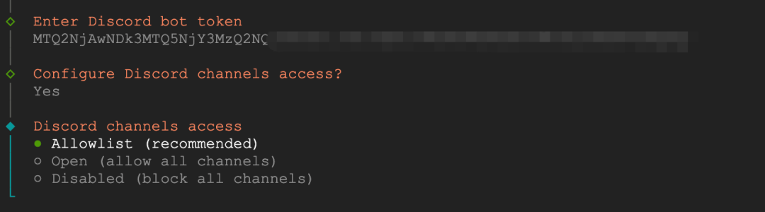 终端中配置Discord Token和频道访问权限