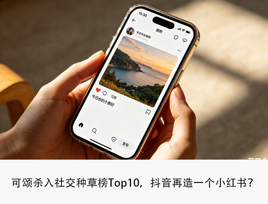 一只手握着一部金色边框的智能手机，手机屏幕显示可颂App界面，展示图文帖子与互动