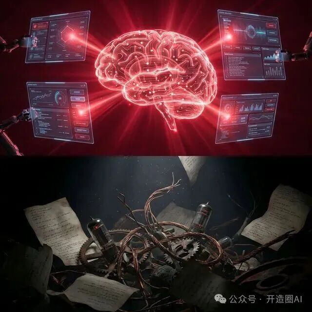 AI能力进化对比图：从传统机械结构到现代神经网络的象征性转变