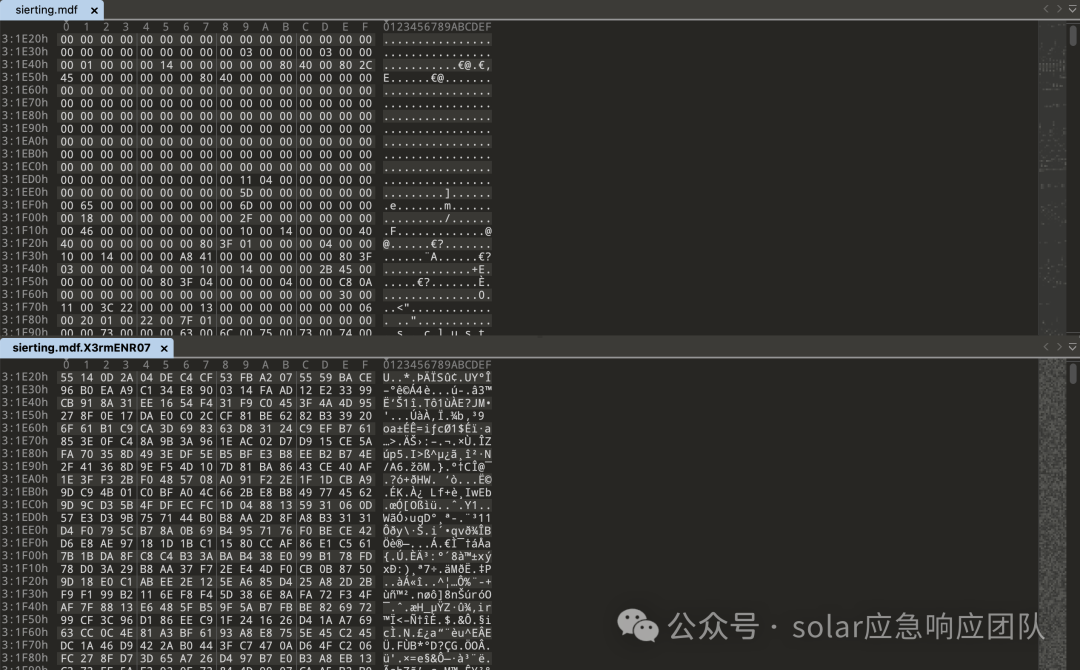 十六进制对比：正常MDF vs 加密MDF（头部数据已变乱）