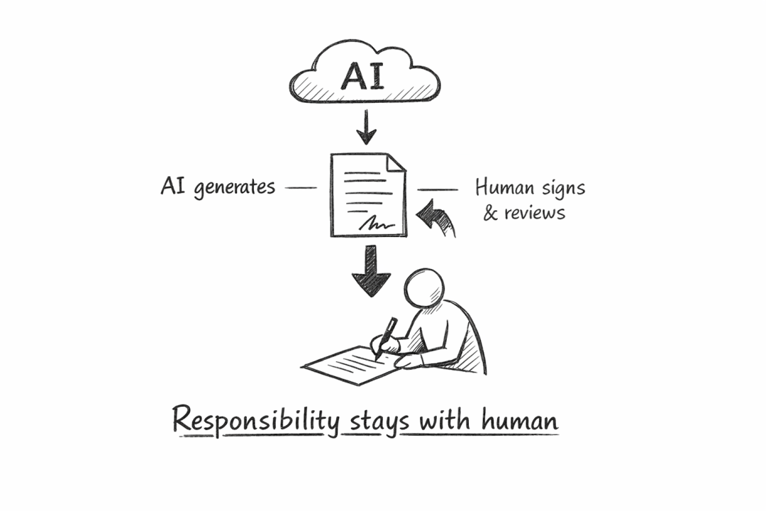 AI 生成、人类签名审阅的责任归属示意图