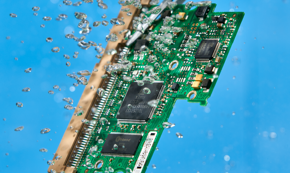 带有水珠的电路板,展示清洗技术