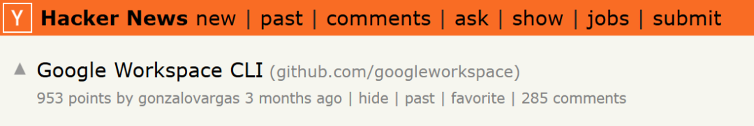Hacker News 帖子截图：Google Workspace CLI 登顶首页，953 points，285 条评论