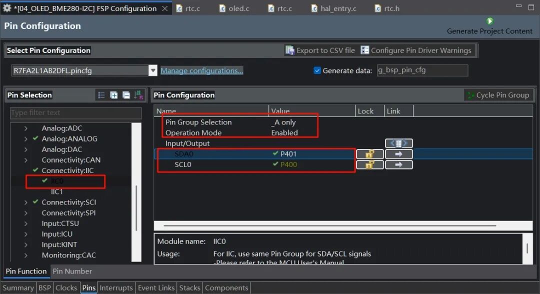 FSP引脚配置界面，选中I2C0并映射P400/P401