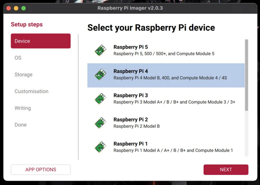 Raspberry Pi Imager选择设备界面