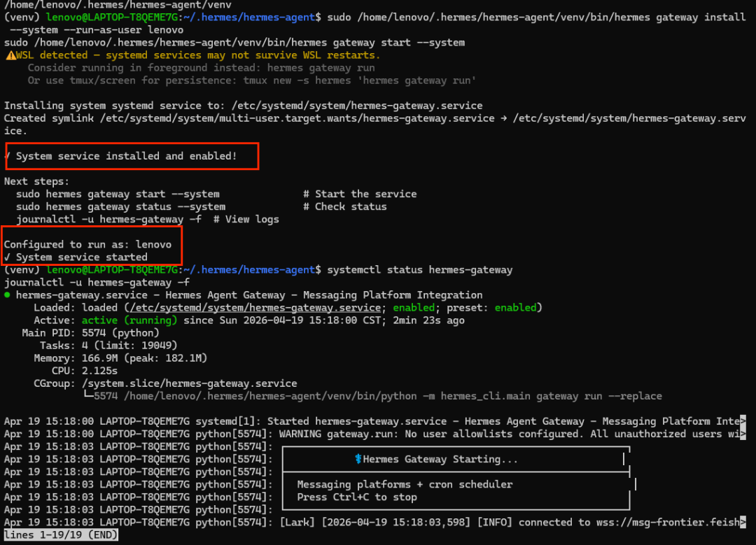 终端界面显示在Linux系统中安装并启动Hermes Gateway服务的过程，包含命令行操作、系统服务状态输出、日志信息及服务运行状态截图。界面背景为黑色，文字为白色和绿色，部分关键提示用红色方框标注，如'＼nSystem service installed and enabled!＼n'和'＼nConfigured to run as: lenovo＼n'。下方有systemctl status输出，显示服务已加载、激活（active）、运行时间2分23秒，以及进程ID、内存占用等信息。底部日志区域显示服务启动过程，包括'＼nHermes Gateway Starting...＼n'、'＼nMessaging platforms + cron scheduler＼n'等状态提示，并有WebSocket连接成功信息。