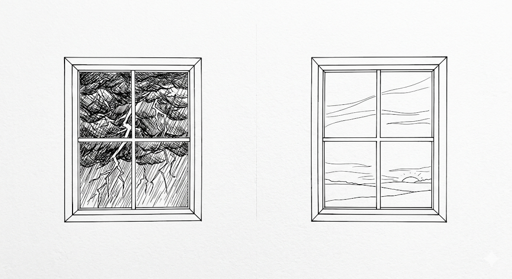 左侧雷雨交加与右侧宁静日落的窗户对比图，寓意不同的视角与心境