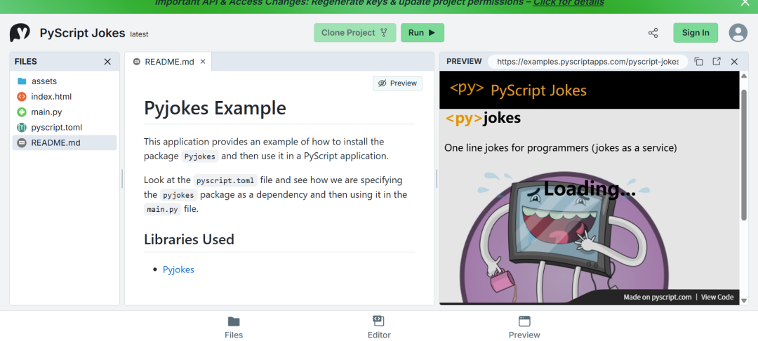 PyScript Jokes 项目界面与文件结构