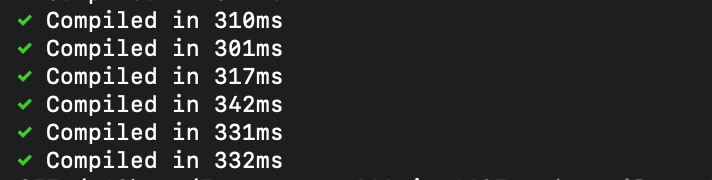 Next.js Turbopack 编译耗时截图，显示多次编译均在300ms左右